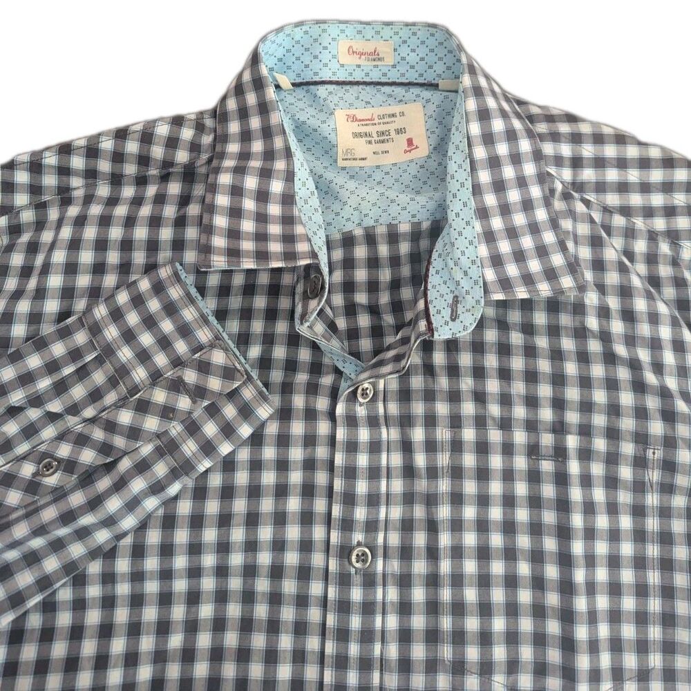 7‎ Diamonds Mens Shirt M Navy Blue White Gingham Plaid Long Sleeve Button Cotton
